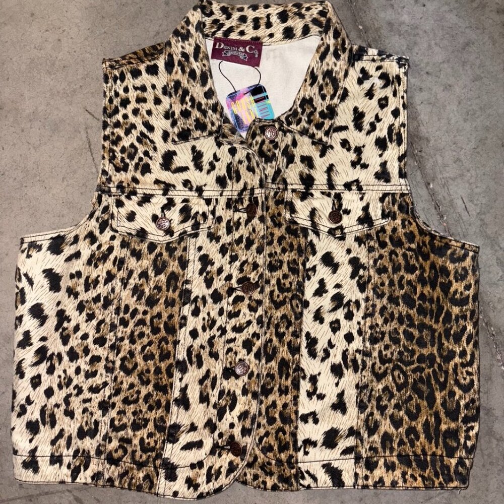 Vintage Denim & Co Leopard Print Jean Vest L